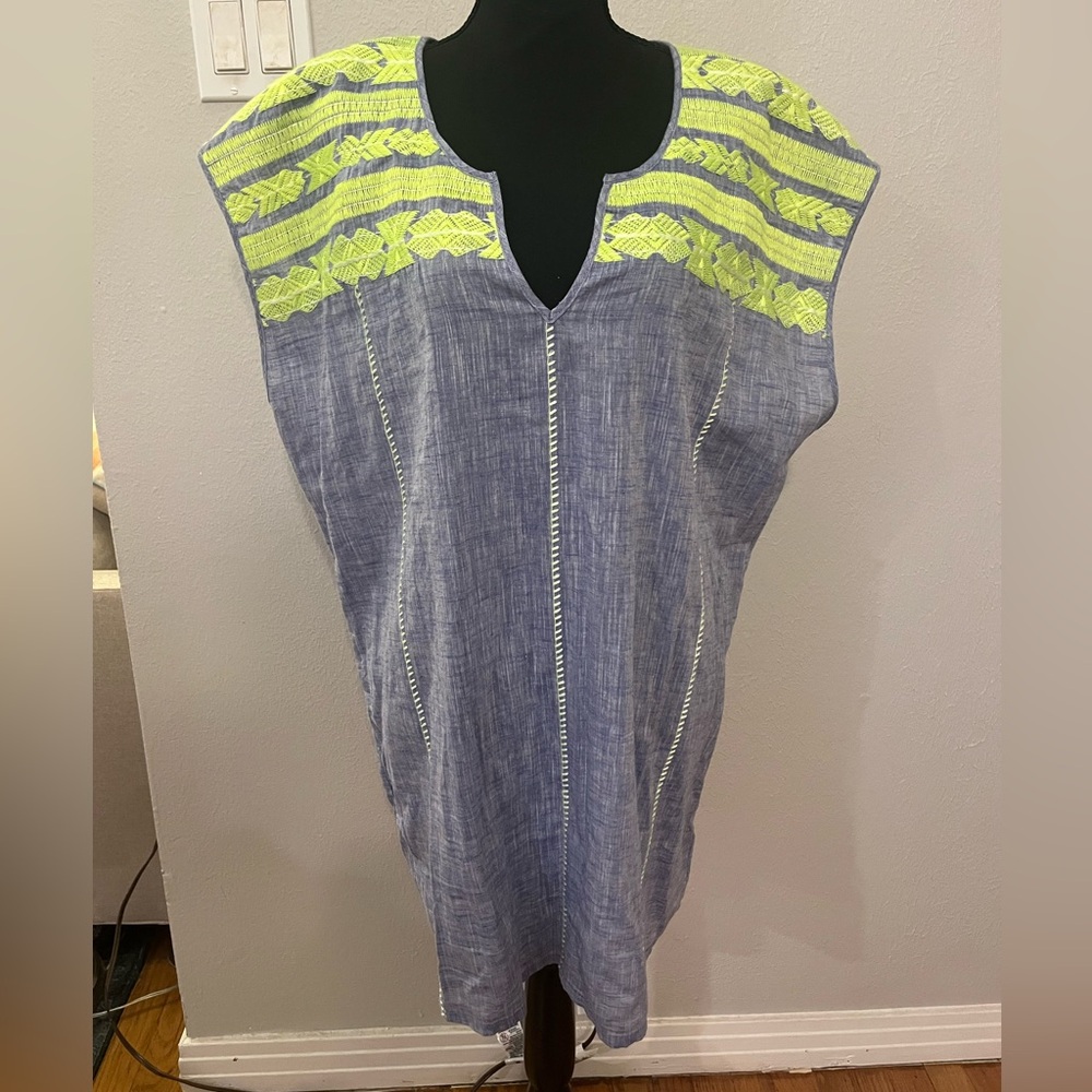 J. Crew Women’s Linen Blue & Neon Yellow Embroidered Swim Cover-Up Size XL NWOT